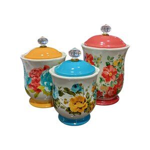 Set Of 3 The Pioneer Woman Vintage Floral 8”, 7" & 6” Canisters W/Acrylic Knob